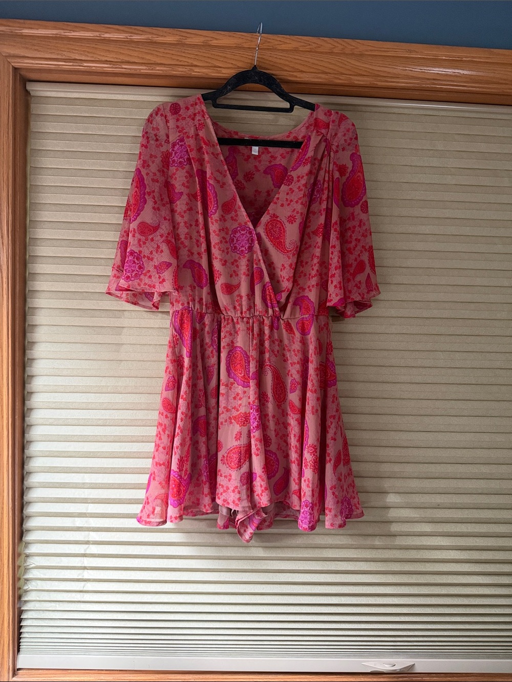 GB Women's Pink Paisley Short Romper with Flutter Sleeves